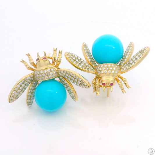 Vintage 14k Yellow Gold Bee Earrings Natural Turquoise Diamonds Pink Sapphire