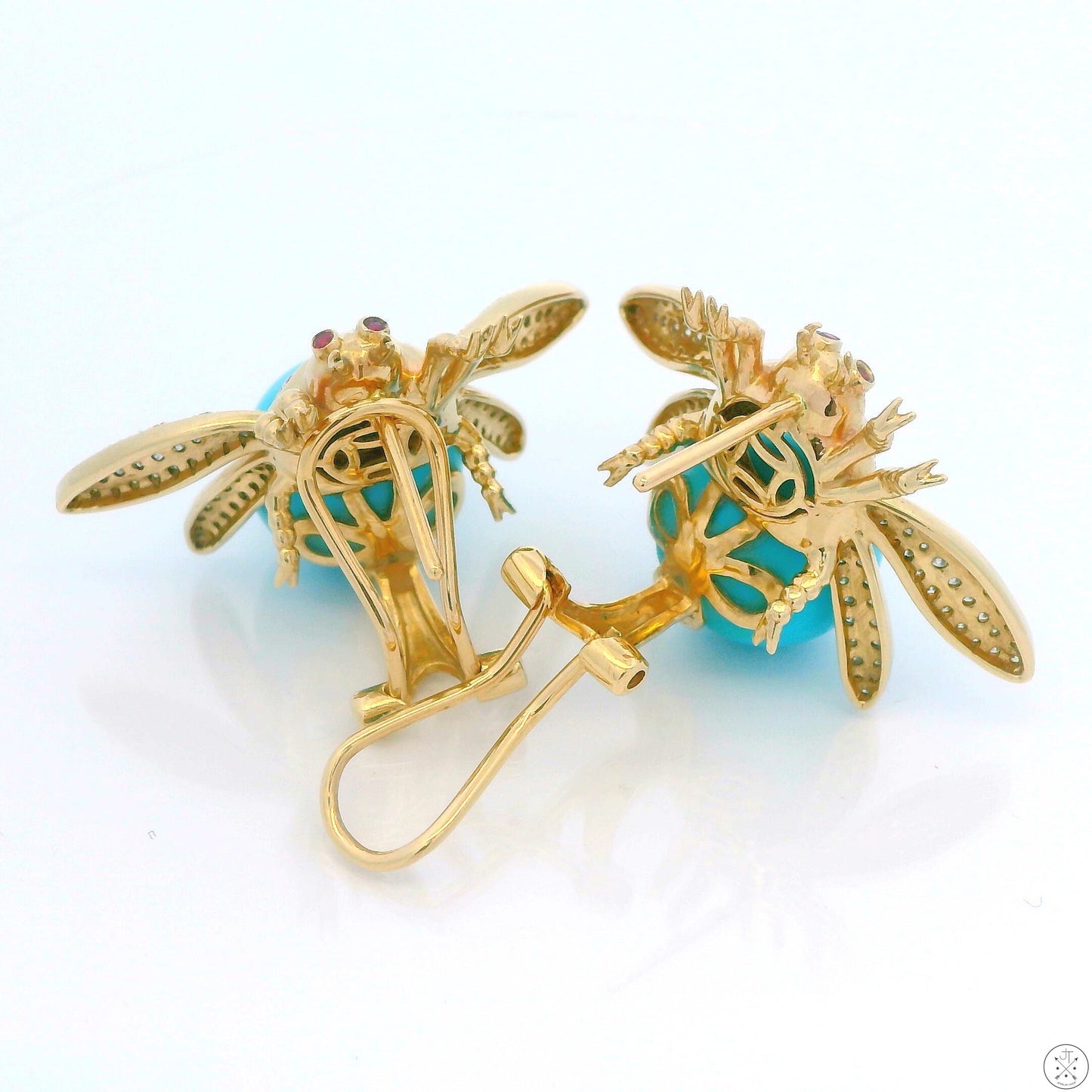 Vintage 14k Yellow Gold Bee Earrings Natural Turquoise Diamonds Pink Sapphire