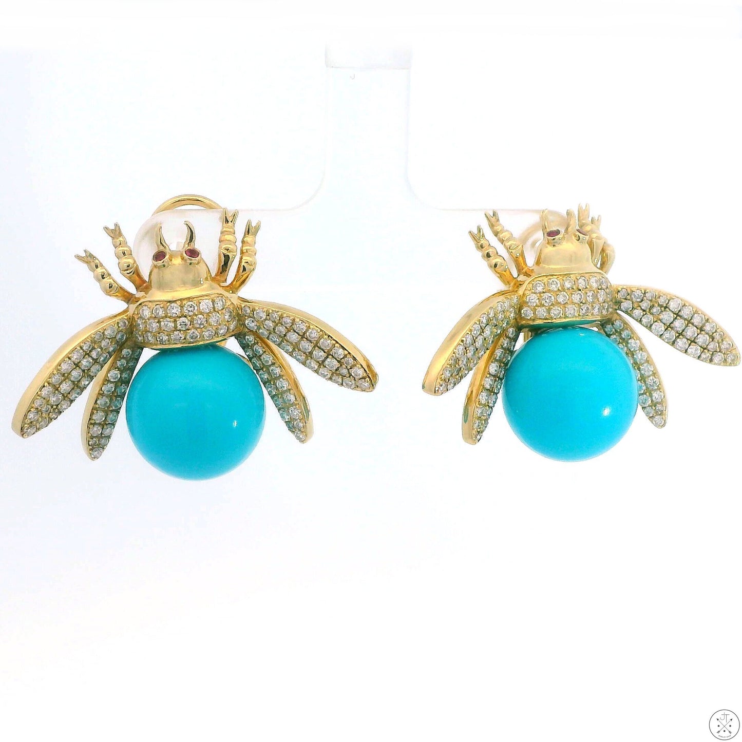 Vintage 14k Yellow Gold Bee Earrings Natural Turquoise Diamonds Pink Sapphire