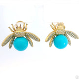 Vintage 14k Yellow Gold Bee Earrings Natural Turquoise Diamonds Pink Sapphire