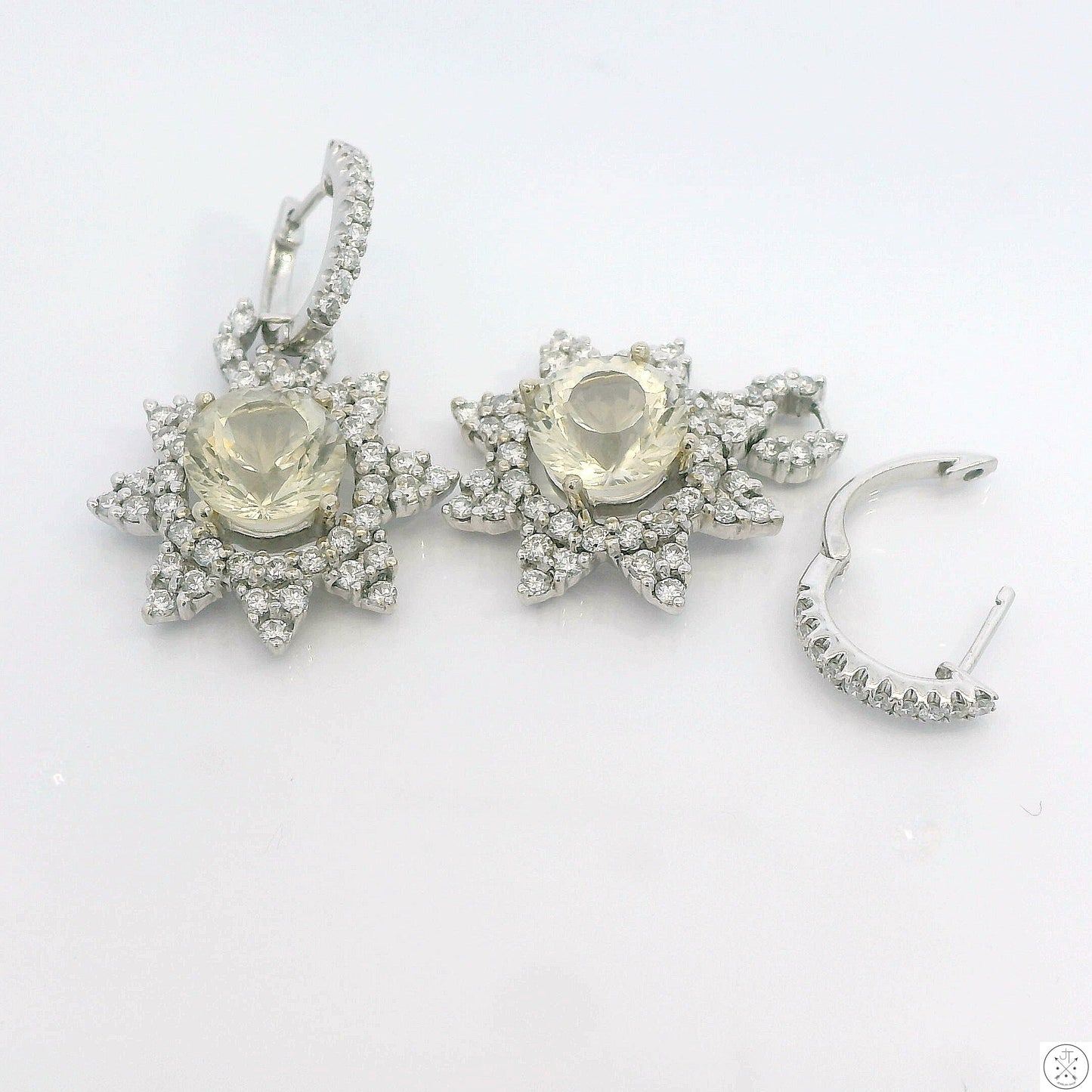 Vintage 18k White Gold Earrings Natural Bytownite and Diamond Convertible Dangle Hoop