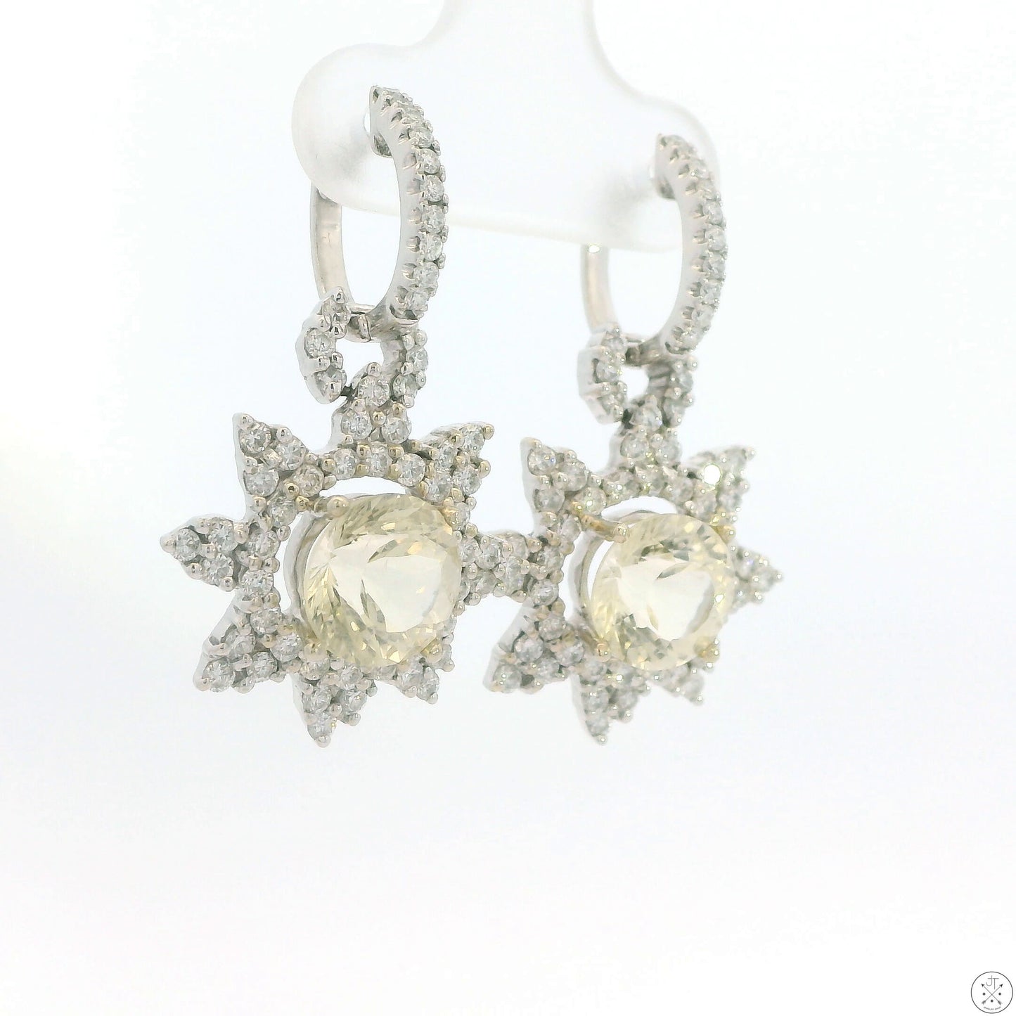 Vintage 18k White Gold Earrings Natural Bytownite and Diamond Convertible Dangle Hoop