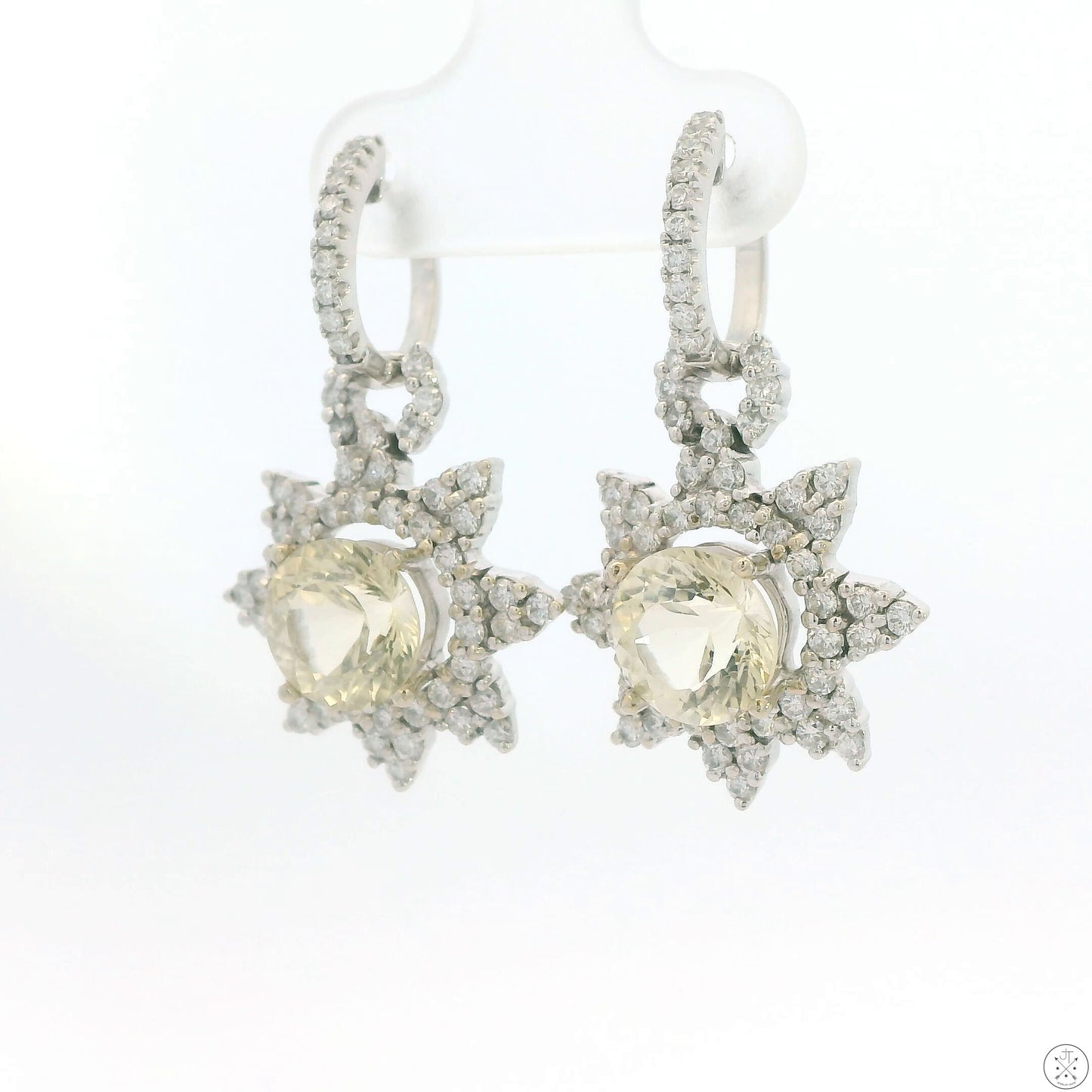 Vintage 18k White Gold Earrings Natural Bytownite and Diamond Convertible Dangle Hoop