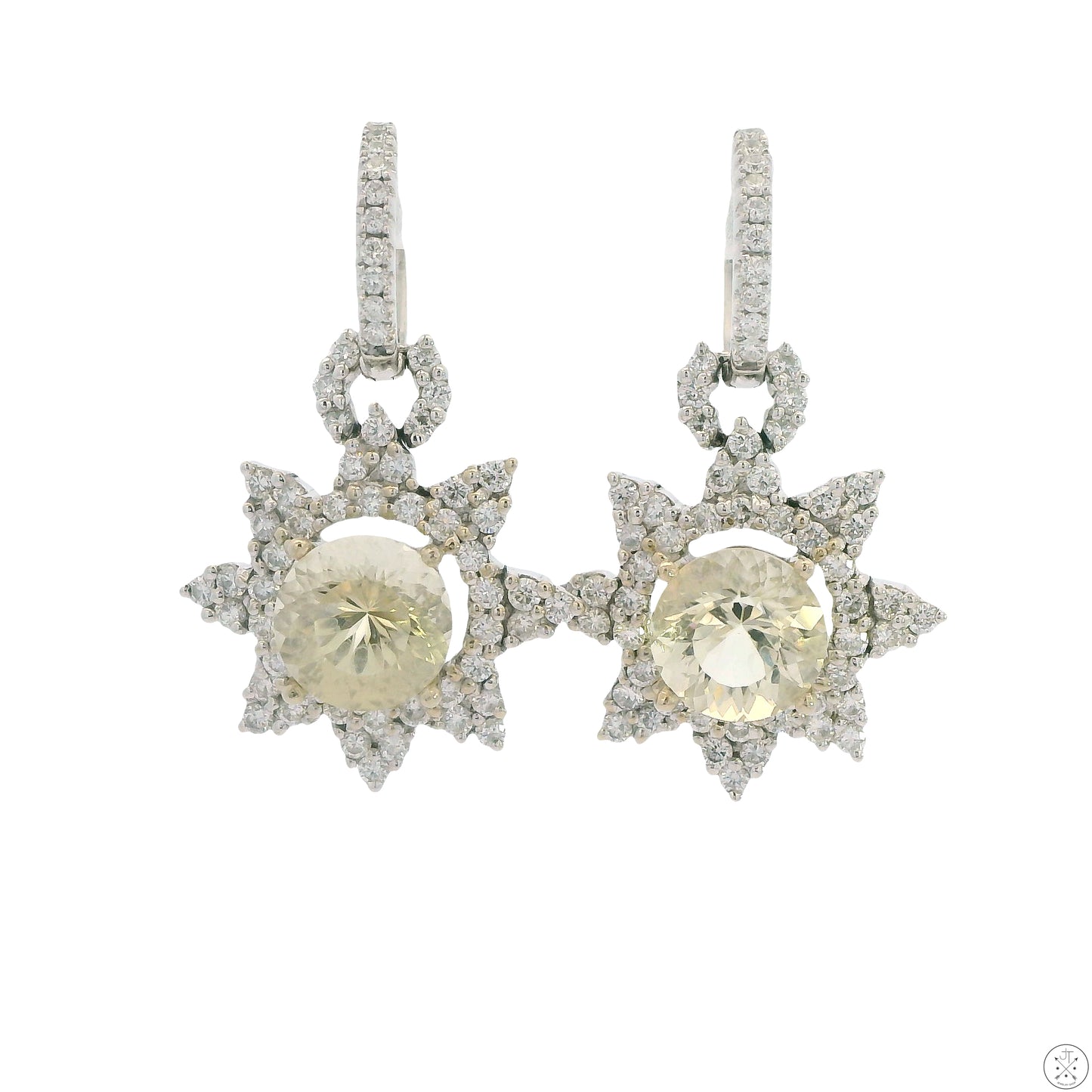 Vintage 18k White Gold Earrings Natural Bytownite and Diamond Convertible Dangle Hoop