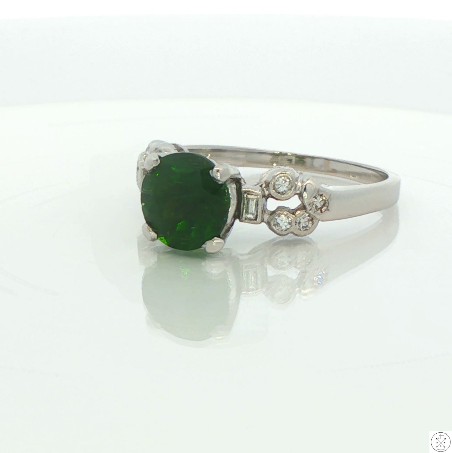 800 Platinum Solitaire Ring with Natural Chrome Diopside and Diamonds Size 7