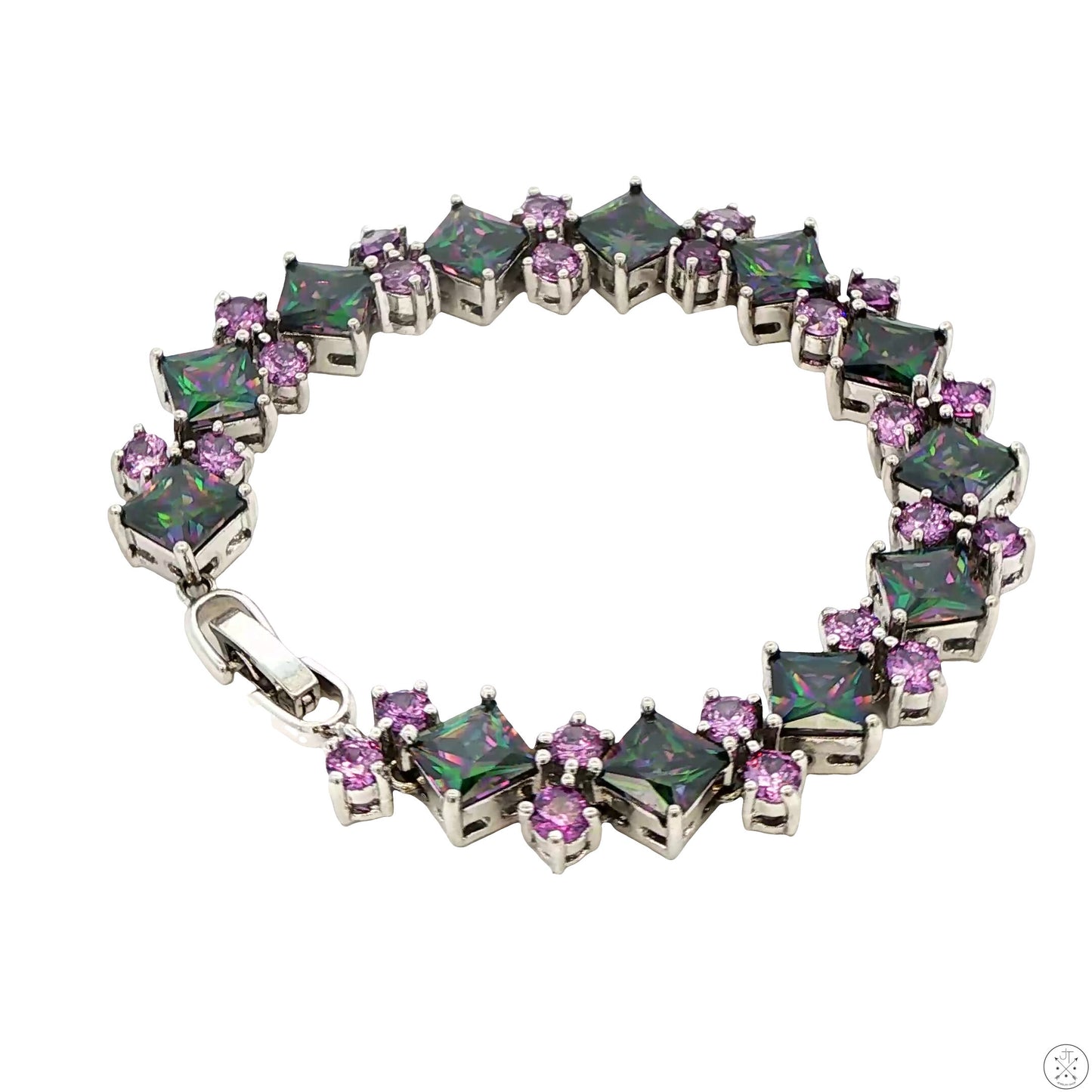 Sterling Silver Tennis Style Bracelet 7.25 Inch with Bright Colored Glass