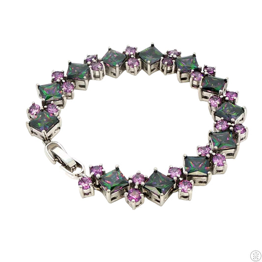 Sterling Silver Tennis Style Bracelet 7.25 Inch with Bright Colored Glass