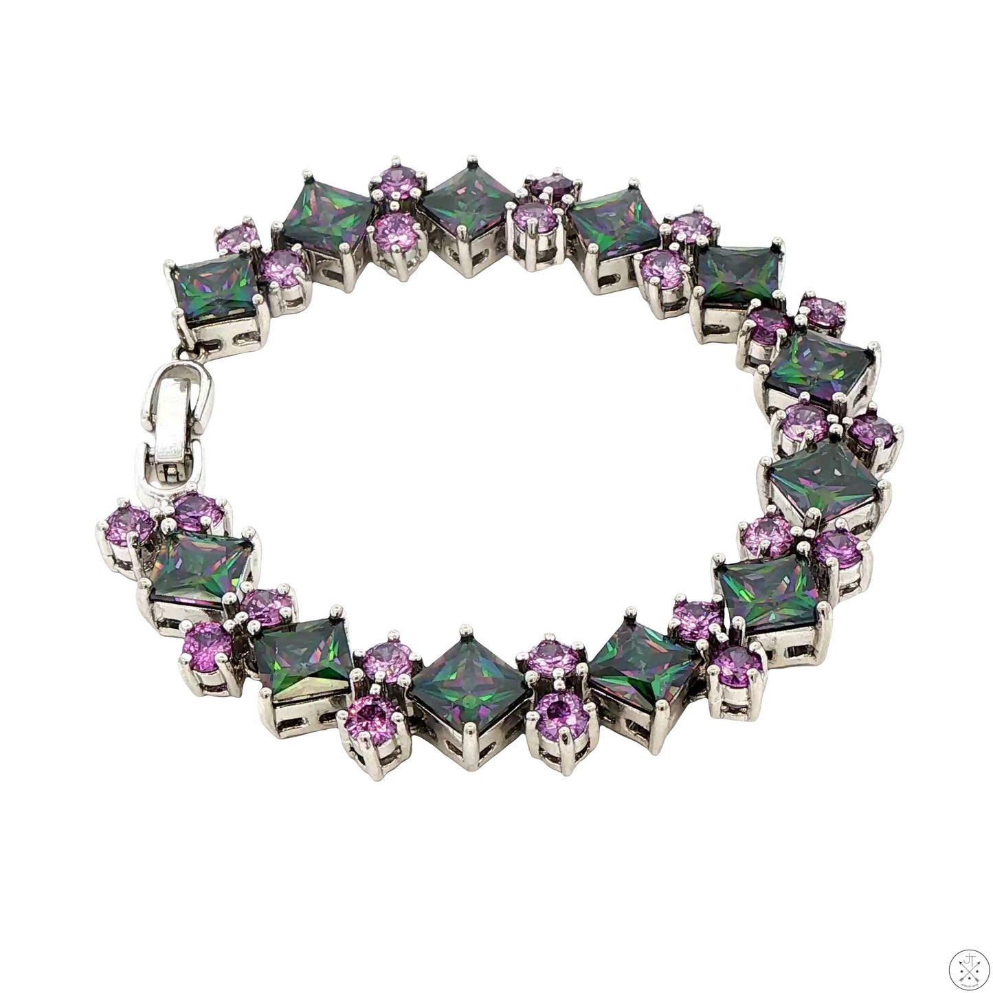 Sterling Silver Tennis Style Bracelet 7.25 Inch with Bright Colored Glass