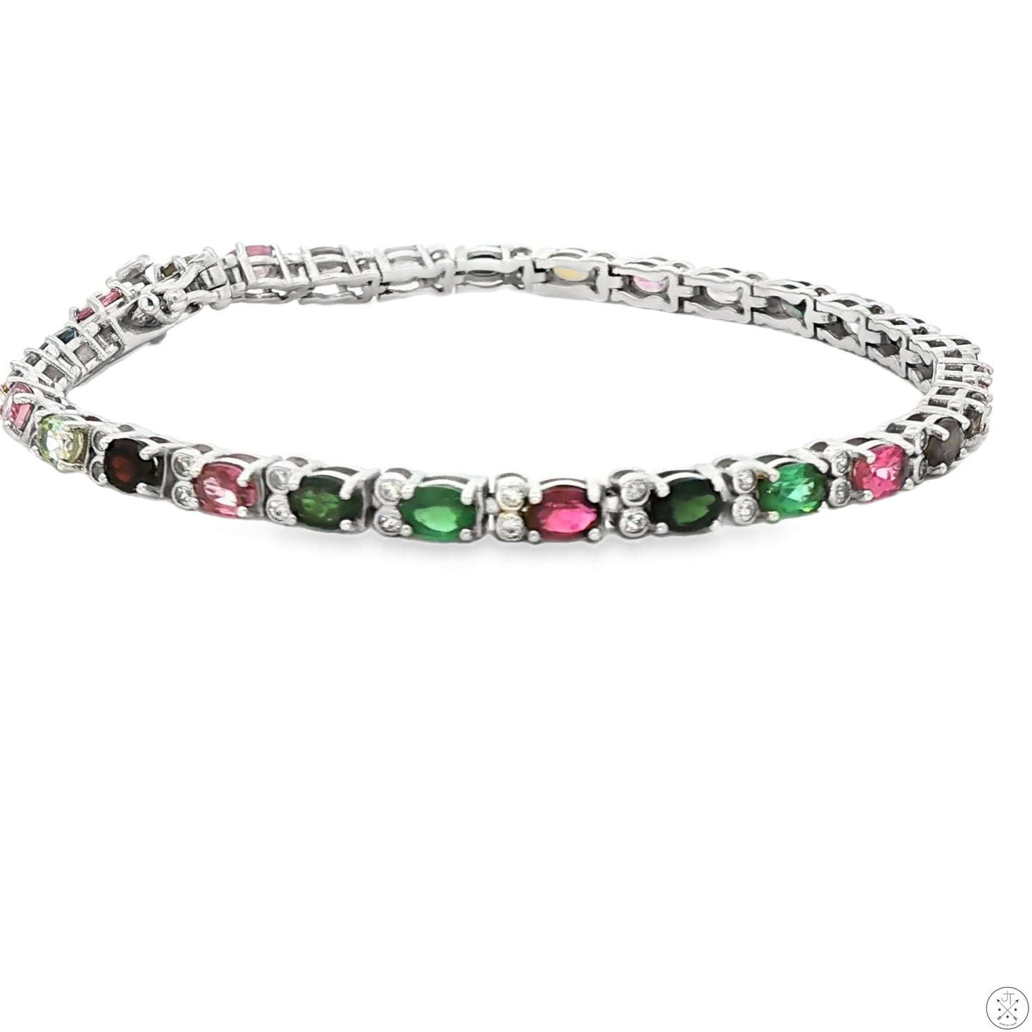 Sterling Silver Tennis Bracelet 7.25 Inch with 4.30 ctw Natural Tourmaline and Quartz