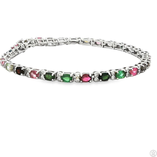 Sterling Silver Tennis Bracelet 7.25 Inch with 4.30 ctw Natural Tourmaline and Quartz
