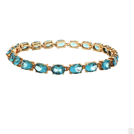 Sterling Silver Tennis Bracelet 7 Inch with Blue Cubic Zirconia Gold Toned