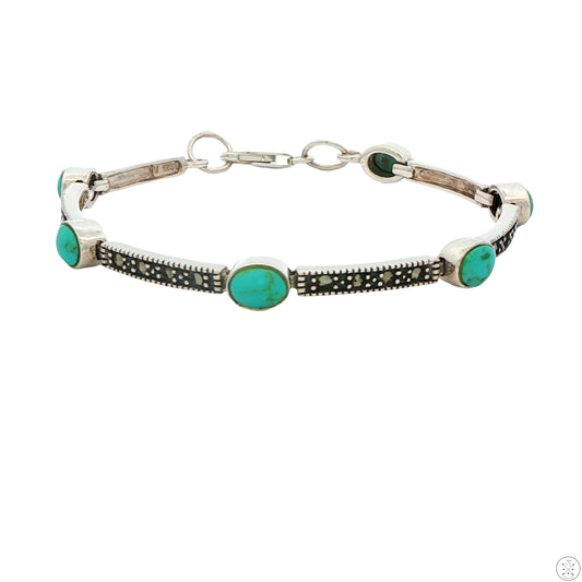 Sterling Silver Bracelet 7 Inch with Turquoise and Marcasite Lobster Clasp