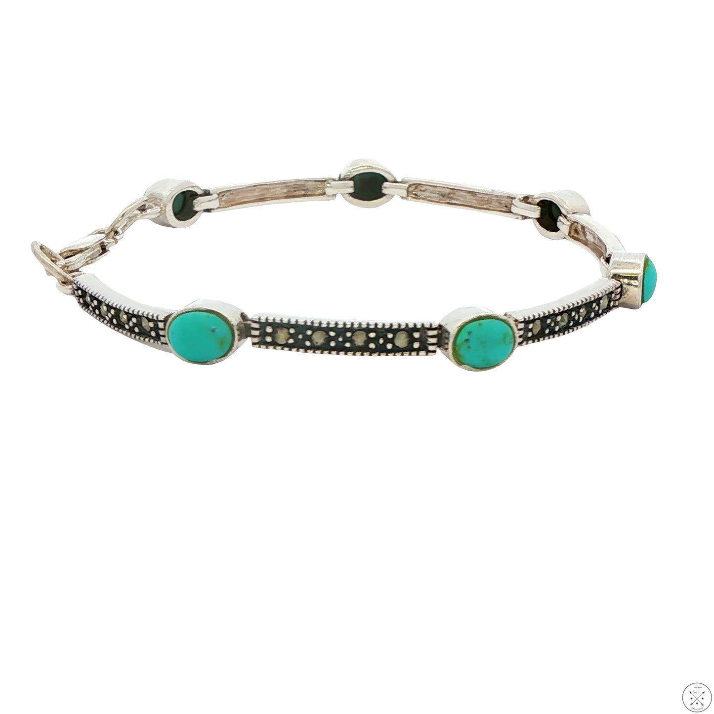 Sterling Silver Bracelet 7 Inch with Turquoise and Marcasite Lobster Clasp
