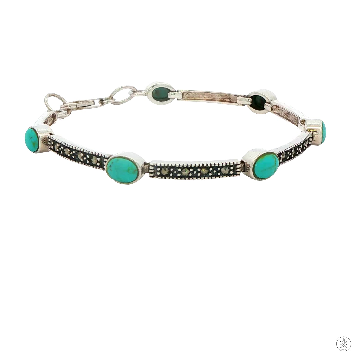 Sterling Silver Bracelet 7 Inch with Turquoise and Marcasite Lobster Clasp