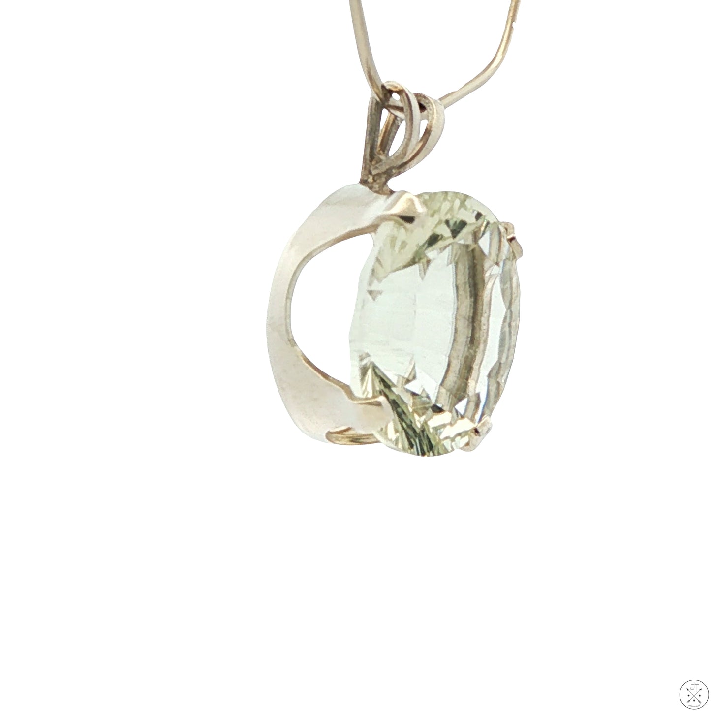 Vintage Sterling Silver Solitaire Pendant 4.3 Carat Natural Prasiolite Quartz Oval Drop