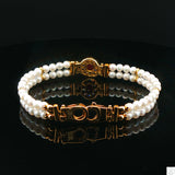 Italy 18k Yellow Gold 7 Inch Pearl Bracelet 2-Row Natural Ruby Cabochon and CZ