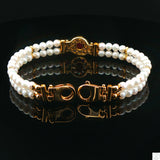 Italy 18k Yellow Gold 7 Inch Pearl Bracelet 2-Row Natural Ruby Cabochon and CZ