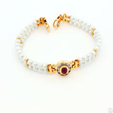 Italy 18k Yellow Gold 7 Inch Pearl Bracelet 2-Row Natural Ruby Cabochon and CZ