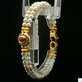 Italy 18k Yellow Gold 7 Inch Pearl Bracelet 2-Row Natural Ruby Cabochon and CZ