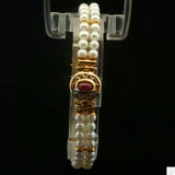 Italy 18k Yellow Gold 7 Inch Pearl Bracelet 2-Row Natural Ruby Cabochon and CZ