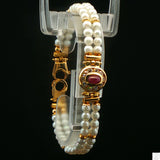 Italy 18k Yellow Gold 7 Inch Pearl Bracelet 2-Row Natural Ruby Cabochon and CZ