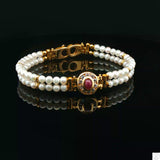 Italy 18k Yellow Gold 7 Inch Pearl Bracelet 2-Row Natural Ruby Cabochon and CZ