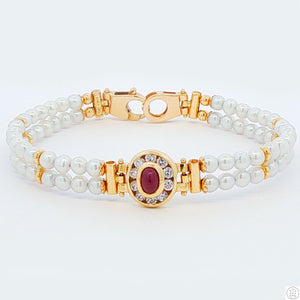 Italy 18k Yellow Gold 7 Inch Pearl Bracelet 2-Row Natural Ruby Cabochon and CZ