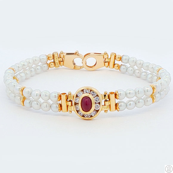Italy 18k Yellow Gold 7 Inch Pearl Bracelet 2-Row Natural Ruby Cabochon and CZ