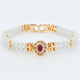 Italy 18k Yellow Gold 7 Inch Pearl Bracelet 2-Row Natural Ruby Cabochon and CZ