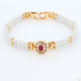 Italy 18k Yellow Gold 7 Inch Pearl Bracelet 2-Row Natural Ruby Cabochon and CZ