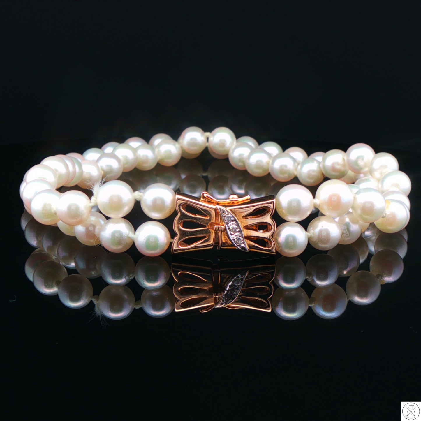 Vintage 14k Yellow Gold 8 Inch Pearl Bracelet 2-Row Natural Diamonds