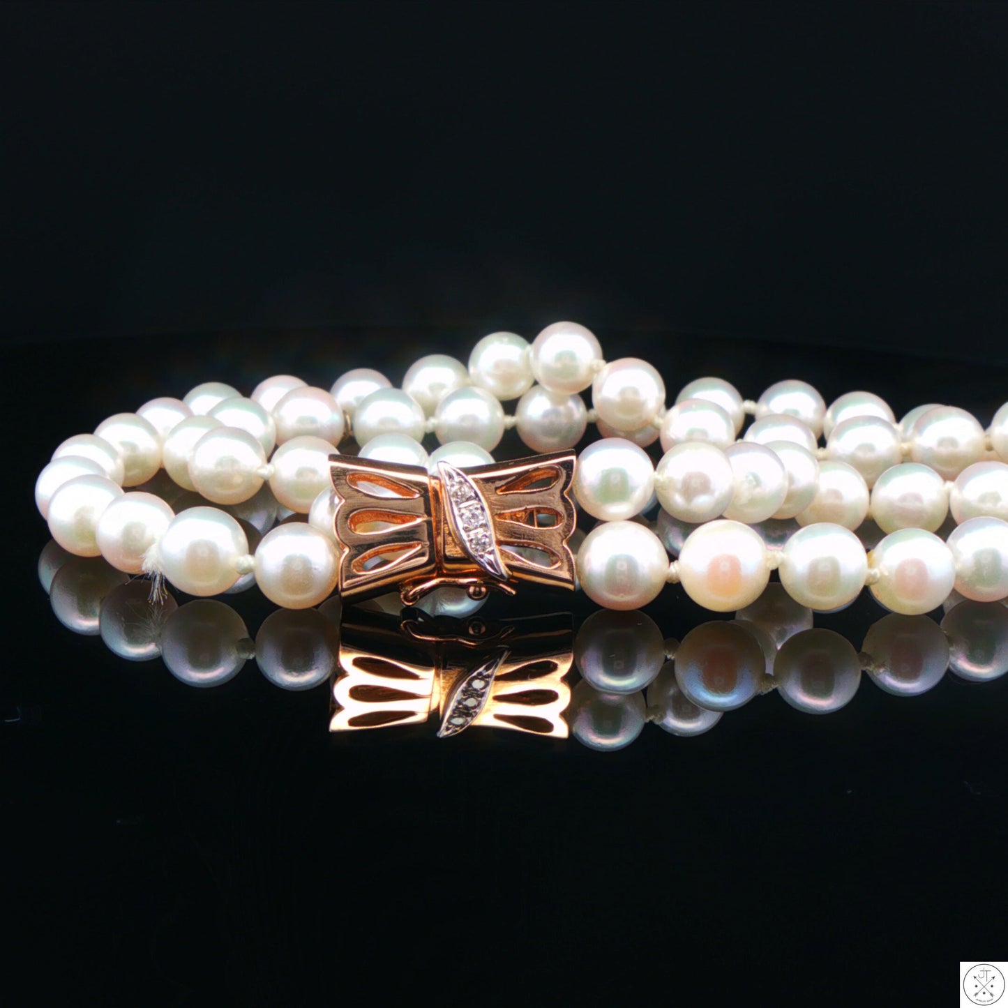 Vintage 14k Yellow Gold 8 Inch Pearl Bracelet 2-Row Natural Diamonds