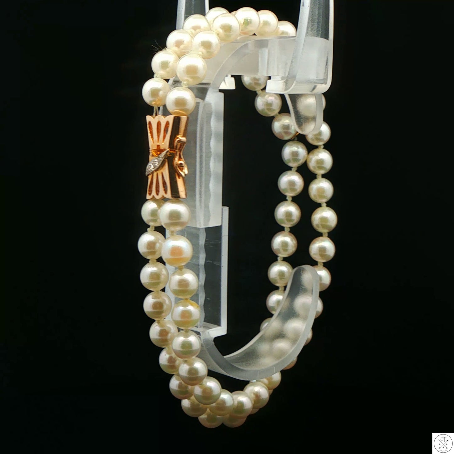 Vintage 14k Yellow Gold 8 Inch Pearl Bracelet 2-Row Natural Diamonds