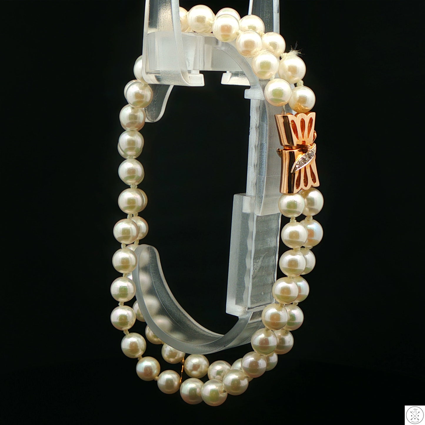 Vintage 14k Yellow Gold 8 Inch Pearl Bracelet 2-Row Natural Diamonds