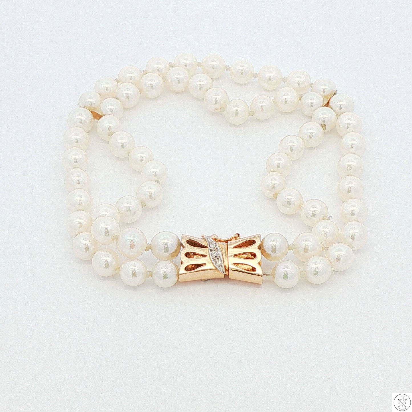 Vintage 14k Yellow Gold 8 Inch Pearl Bracelet 2-Row Natural Diamonds