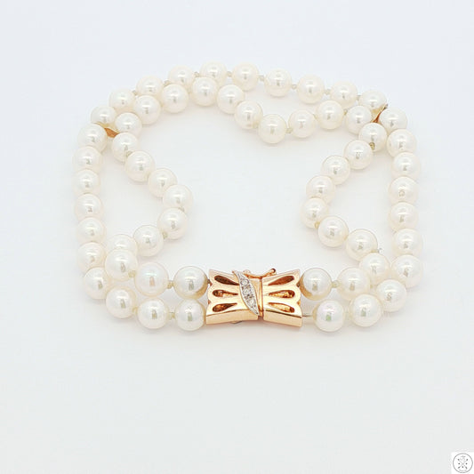 Vintage 14k Yellow Gold 8 Inch Pearl Bracelet 2-Row Natural Diamonds