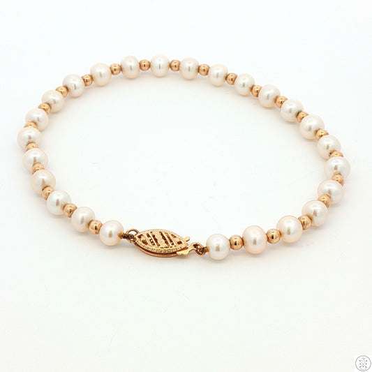 Vintage 14k Yellow Gold 8 Inch 5 mm Pearl Bracelet