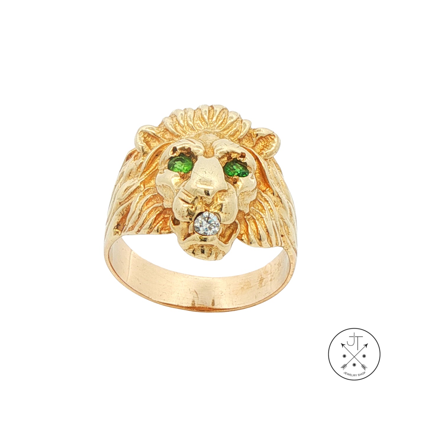 Vintage 14k Yellow Gold Lions Head Ring with Natural Emeralds and Diamond Size 9