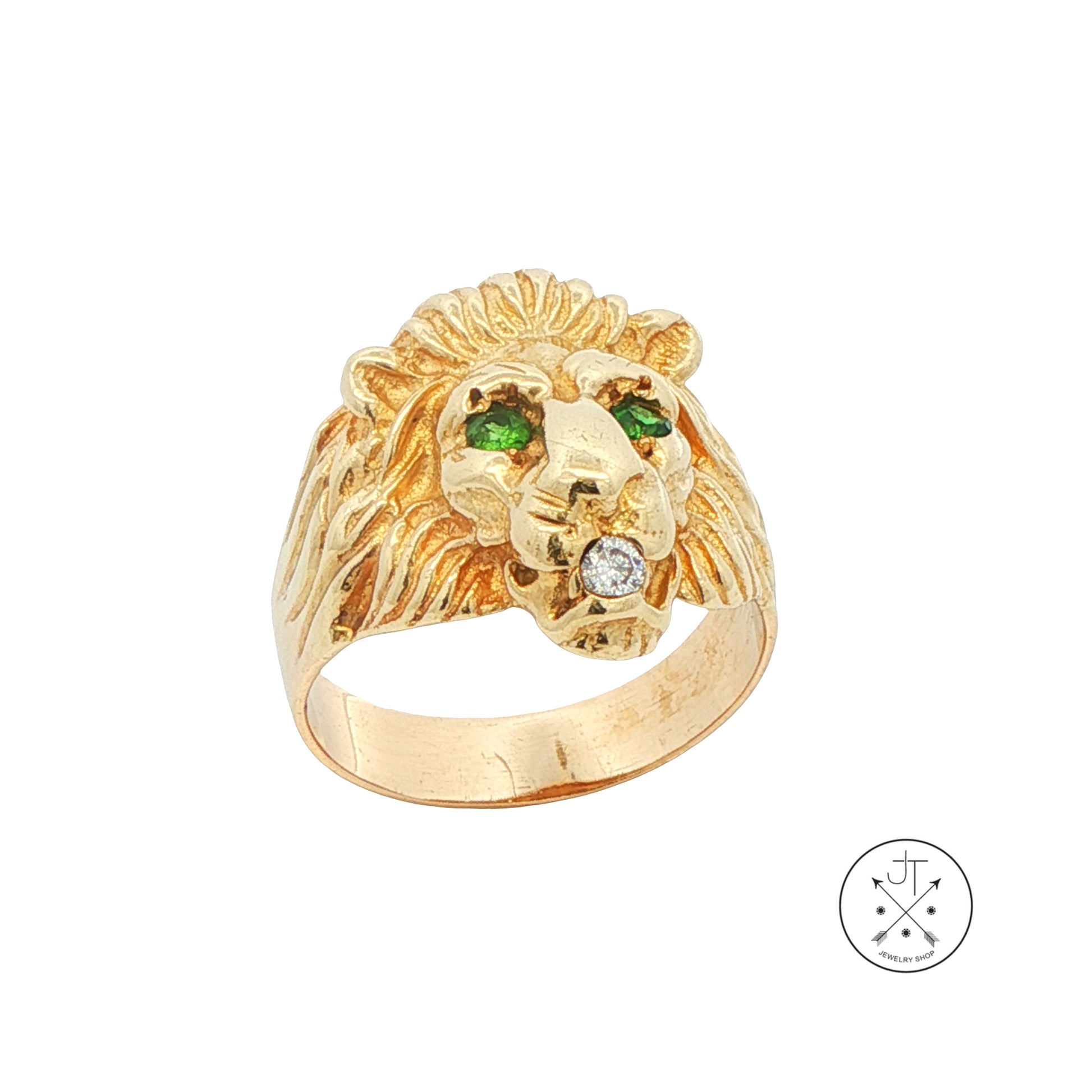 Vintage 14k Yellow Gold Lions Head Ring with Natural Emeralds and Diamond Size 9