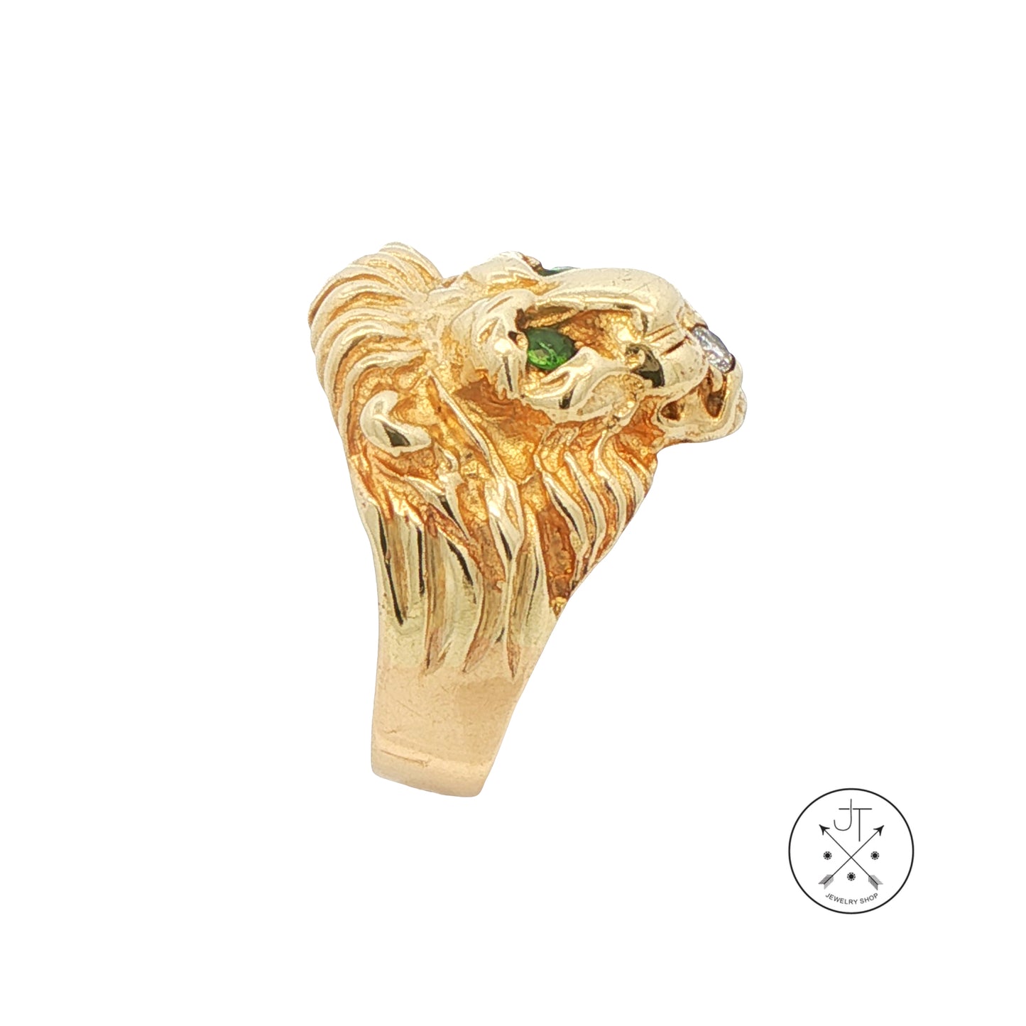 Vintage 14k Yellow Gold Lions Head Ring with Natural Emeralds and Diamond Size 9
