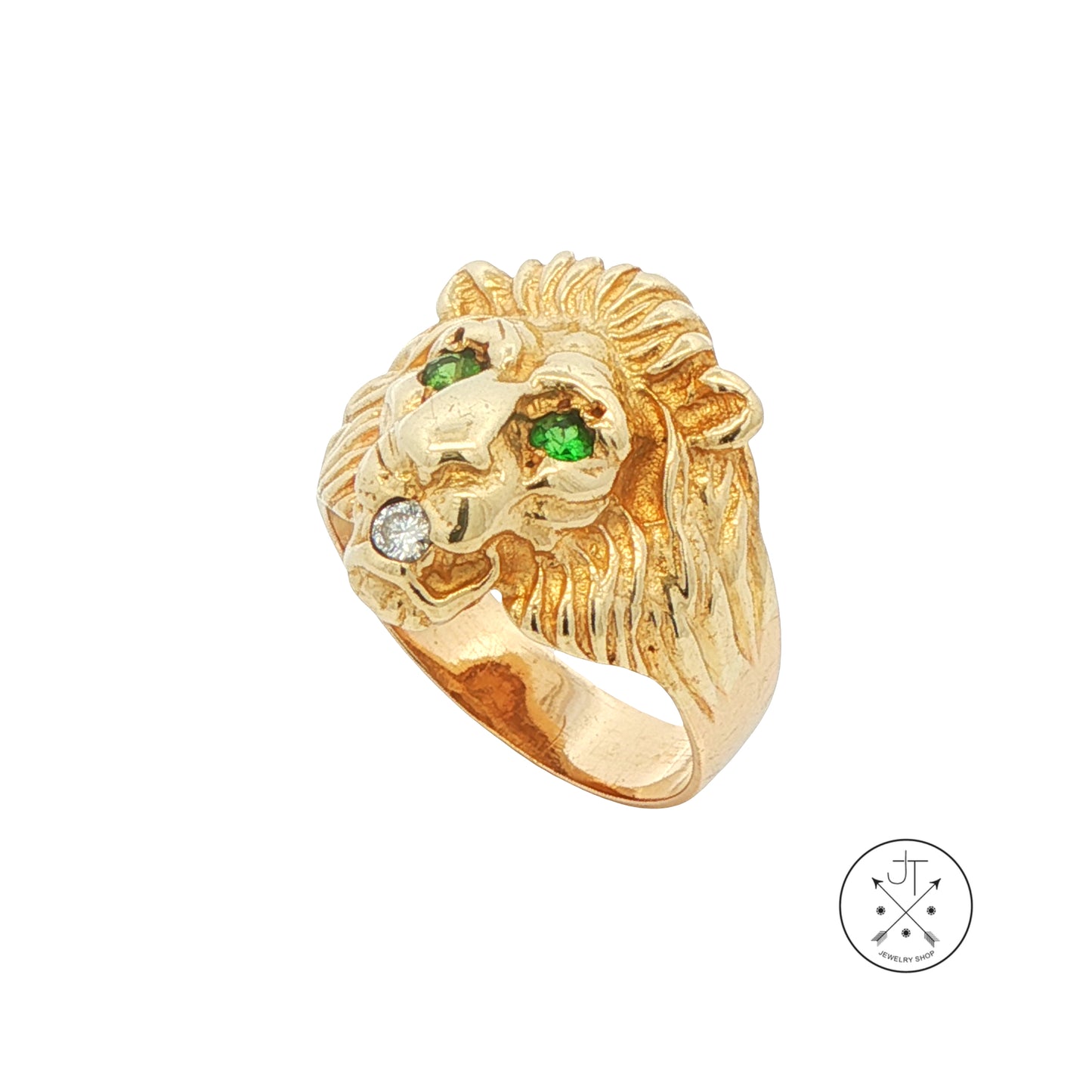 Vintage 14k Yellow Gold Lions Head Ring with Natural Emeralds and Diamond Size 9