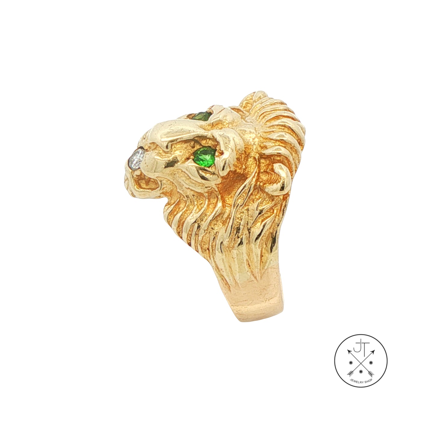 Vintage 14k Yellow Gold Lions Head Ring with Natural Emeralds and Diamond Size 9