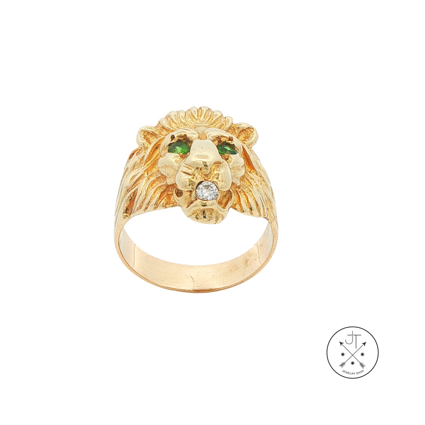Vintage 14k Yellow Gold Lions Head Ring with Natural Emeralds and Diamond Size 9