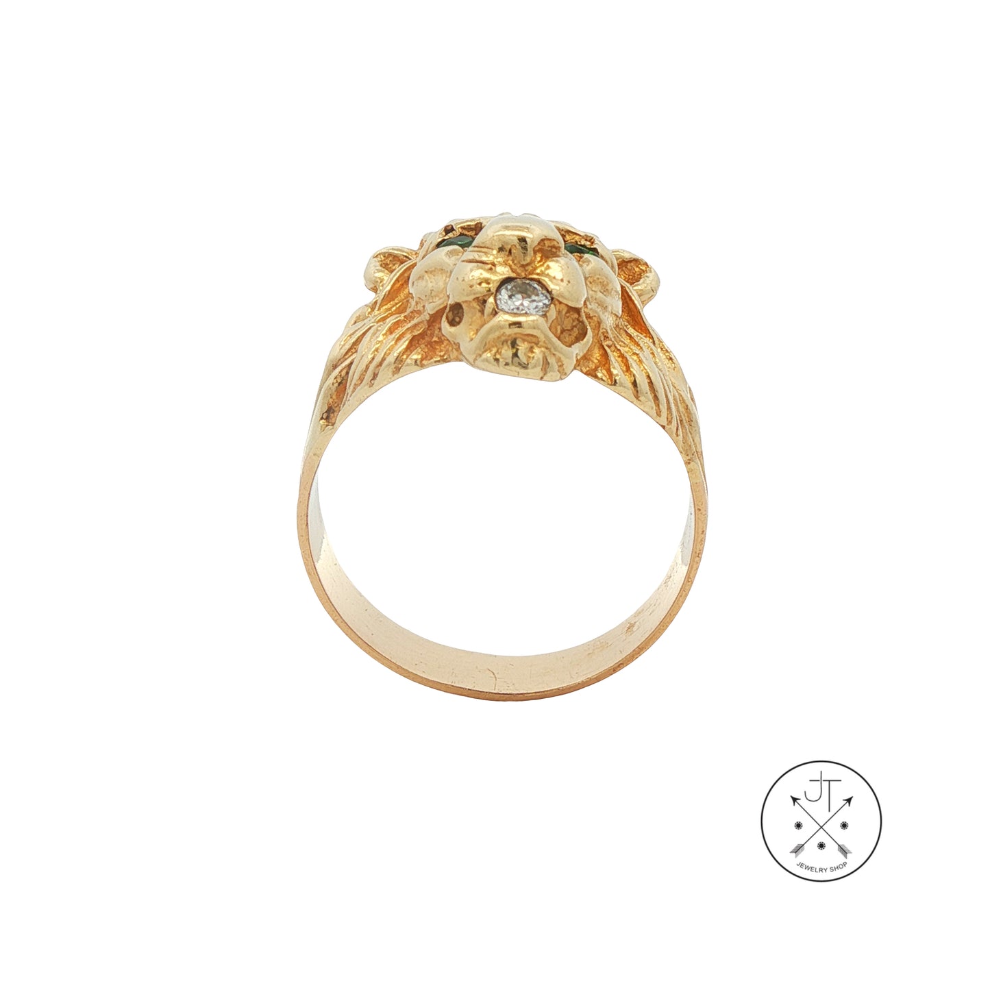 Vintage 14k Yellow Gold Lions Head Ring with Natural Emeralds and Diamond Size 9