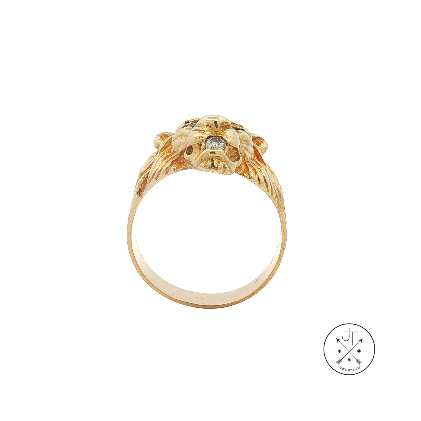Vintage 14k Yellow Gold Lions Head Ring with Natural Emeralds and Diamond Size 9