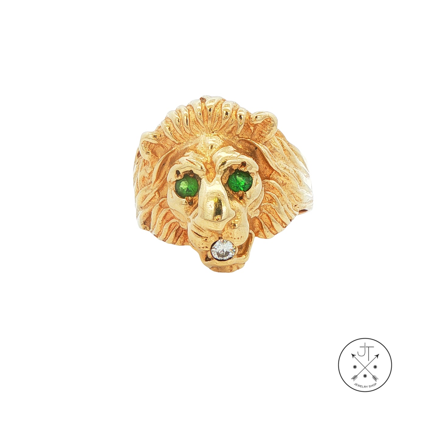 Vintage 14k Yellow Gold Lions Head Ring with Natural Emeralds and Diamond Size 9