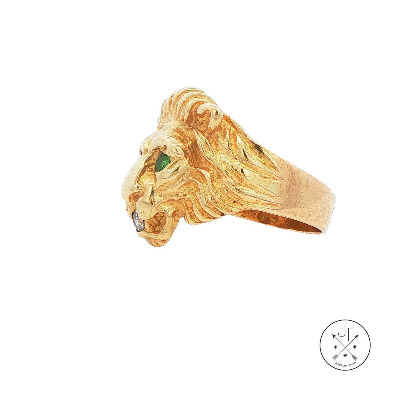 Vintage 14k Yellow Gold Lions Head Ring with Natural Emeralds and Diamond Size 9
