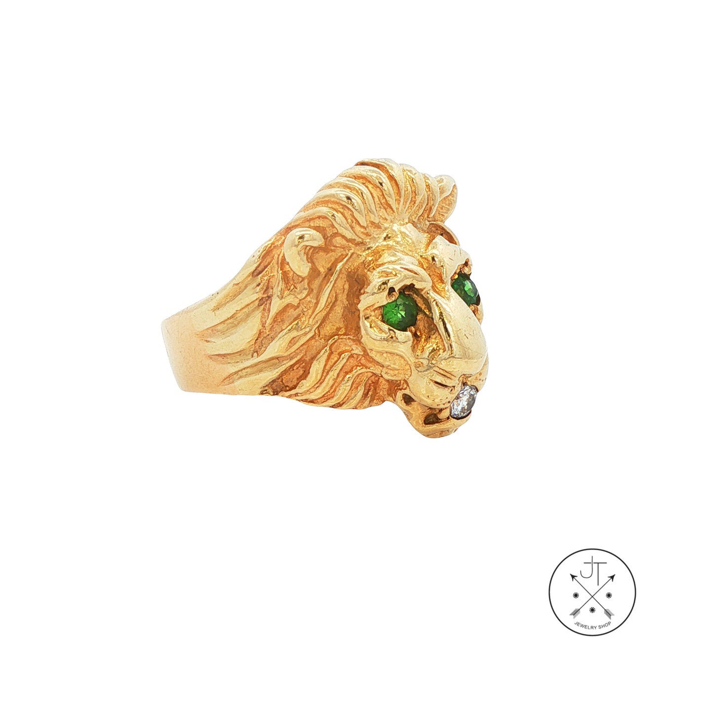 Vintage 14k Yellow Gold Lions Head Ring with Natural Emeralds and Diamond Size 9