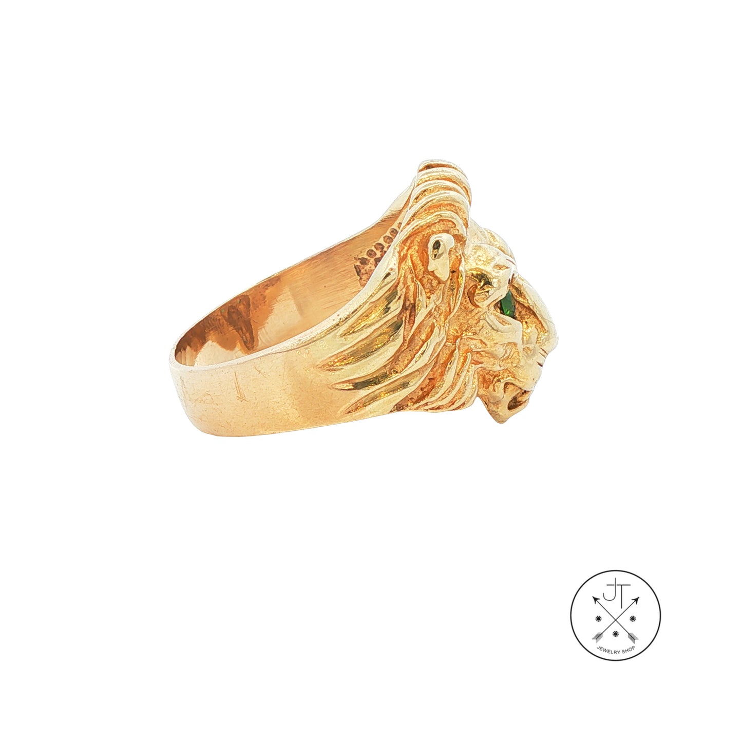 Vintage 14k Yellow Gold Lions Head Ring with Natural Emeralds and Diamond Size 9