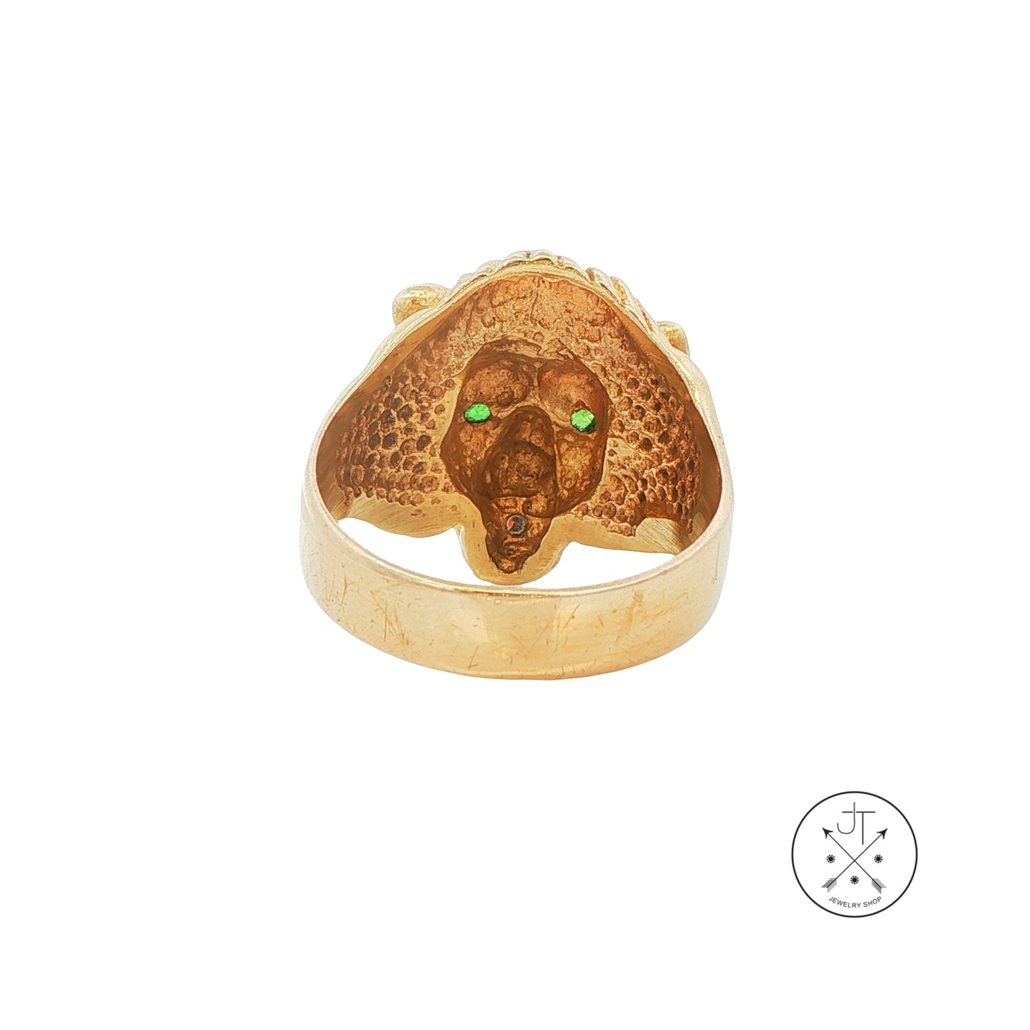 Vintage 14k Yellow Gold Lions Head Ring with Natural Emeralds and Diamond Size 9